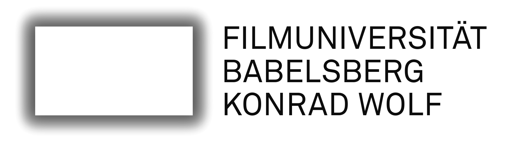Logo der Filmuniversität Babelsberg Konrad Wolf -  ein leuchtendes Rechteck, daneben ein Schriftzug